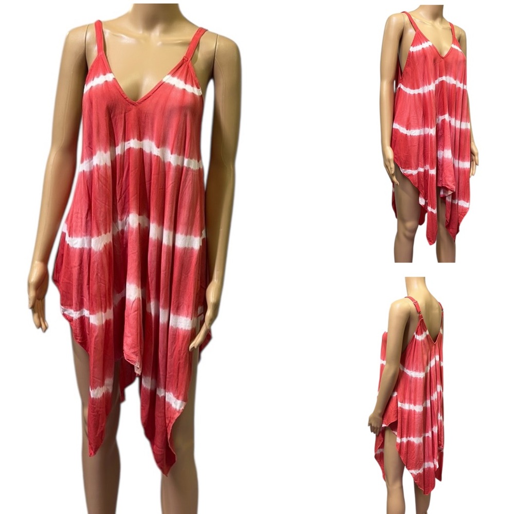 Tie Dye Pink White Boho Asymmetrical Tunic Handkerchief Hem Coverup Womens Small